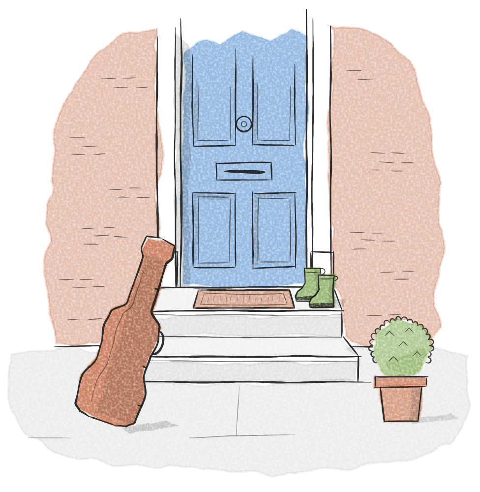 A guitar case leaning on the front step of a blue door, beside small wellies and a potted plant.