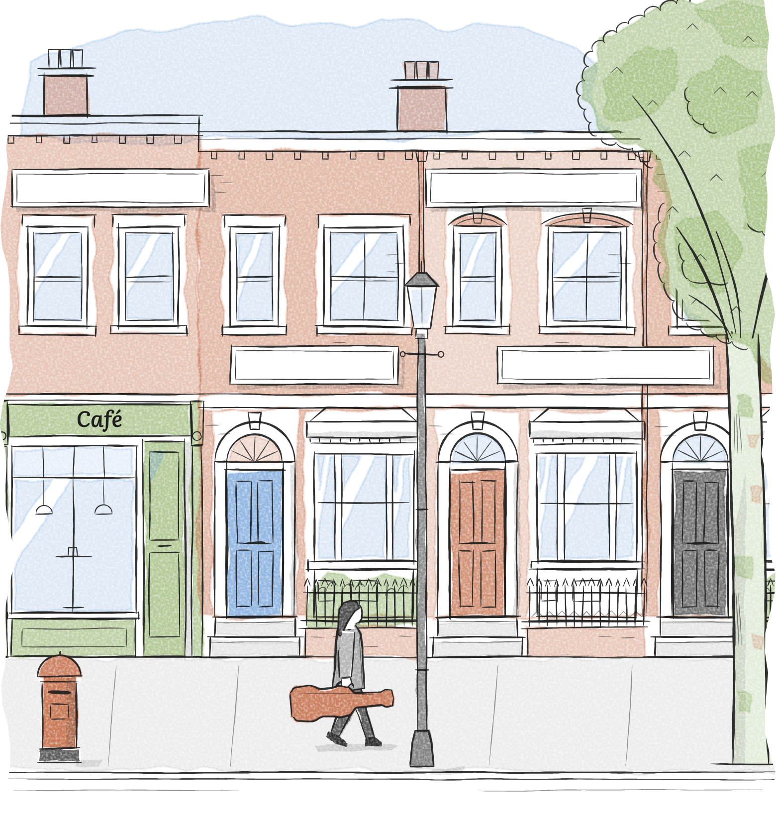 Ink-and-wash drawing of a North London street: a café, Victorian terraced houses with coloured front doors, a pillar box, a lamppost and a plane tree. Luke walks along the pavement carrying his guitar case.