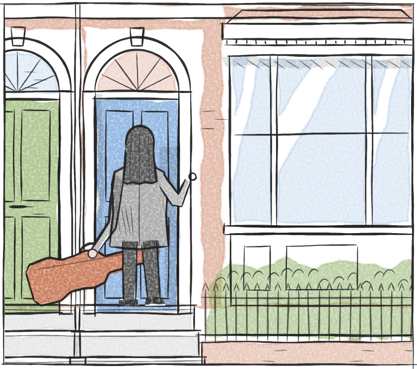 Luke, seen from behind with his guitar case, rings the bell at a blue front door.