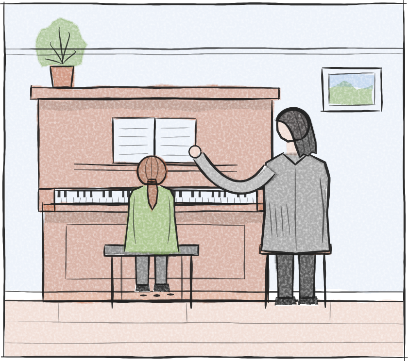 A child, seen from behind, sits at an upright piano while Luke turns to her and points to the music.