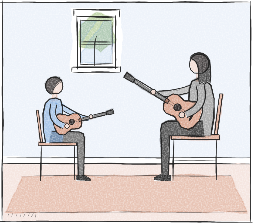 A child with a small guitar sits opposite Luke, who is playing guitar too.